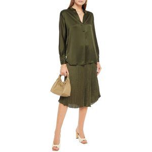 VINCE Olive Green Silk Charmeuse Split Neck Relaxed Tunic Blouse, Size S